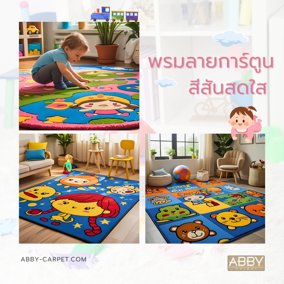 พรมปูพื้นห้องเด็กลายการ์ตูนสีสดใสวางอยู่ในห้องนอนเด็กที่ตกแต่งอย่างอบอุ่นและเหมาะกับการเล่นของเด็กเล็ก